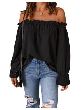 Off Shoulder Ruffle Long Sleeve Chiffon Blouse Casual Loose Fit Women's Top